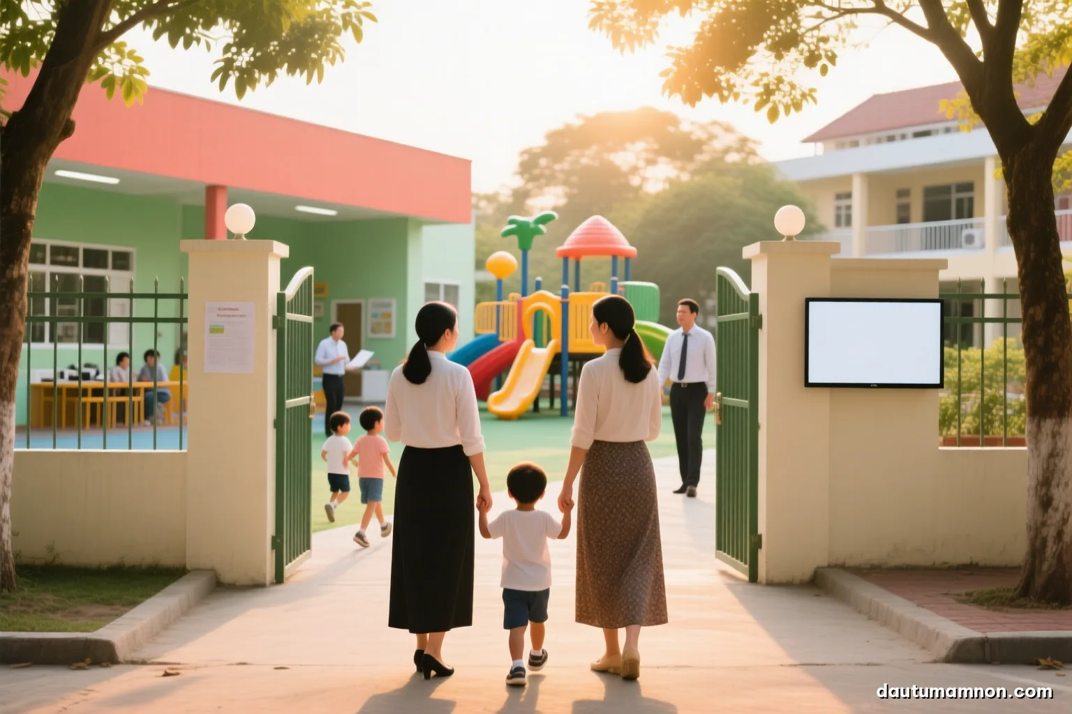 Two Vietnamese mothers seen from behind chatting at a preschool gate in the late afternoon while toddlers hold their hands, warm golden light, street trees, eye-level shot