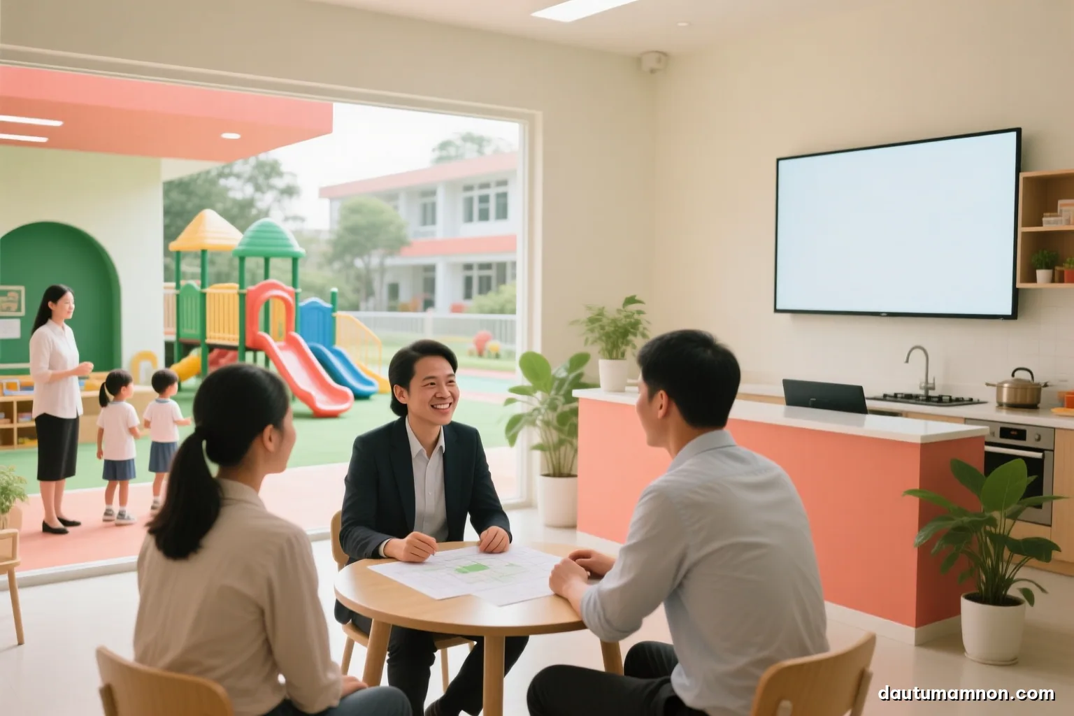 Vietnamese school administrator seen from the side talking warmly with a young father at a small round table in a bright preschool reception area, plants, soft daylight