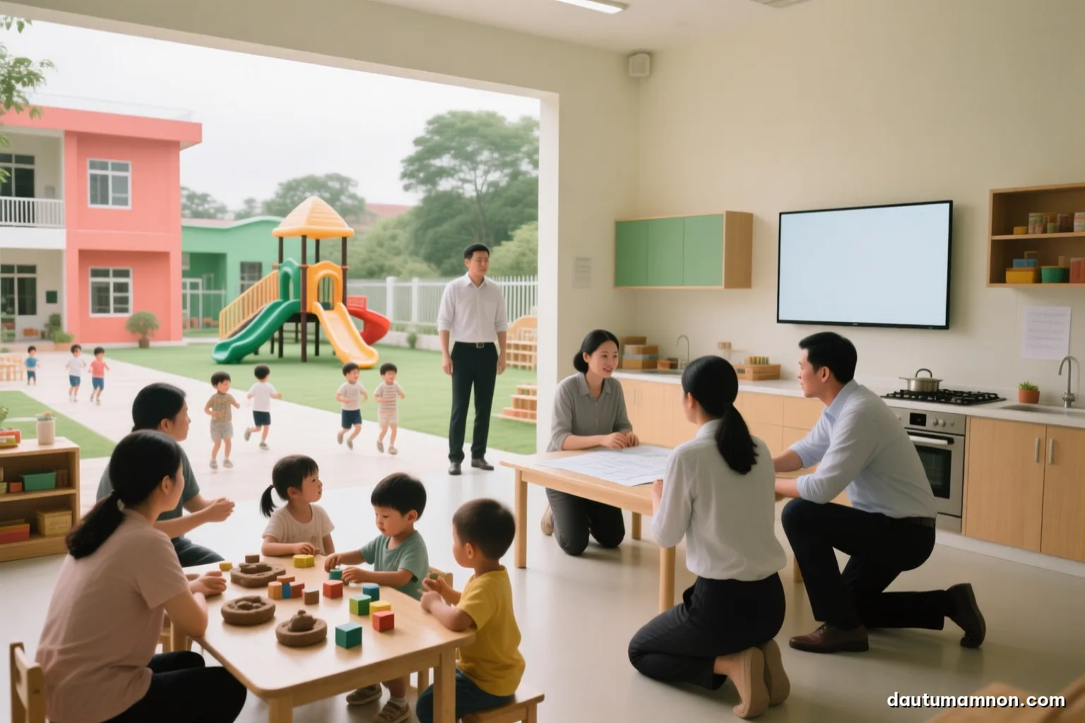 Wide shot of a preschool courtyard on a weekend morning, parents and toddlers at low activity tables with clay and blocks, teachers kneeling beside them, soft overcast light
