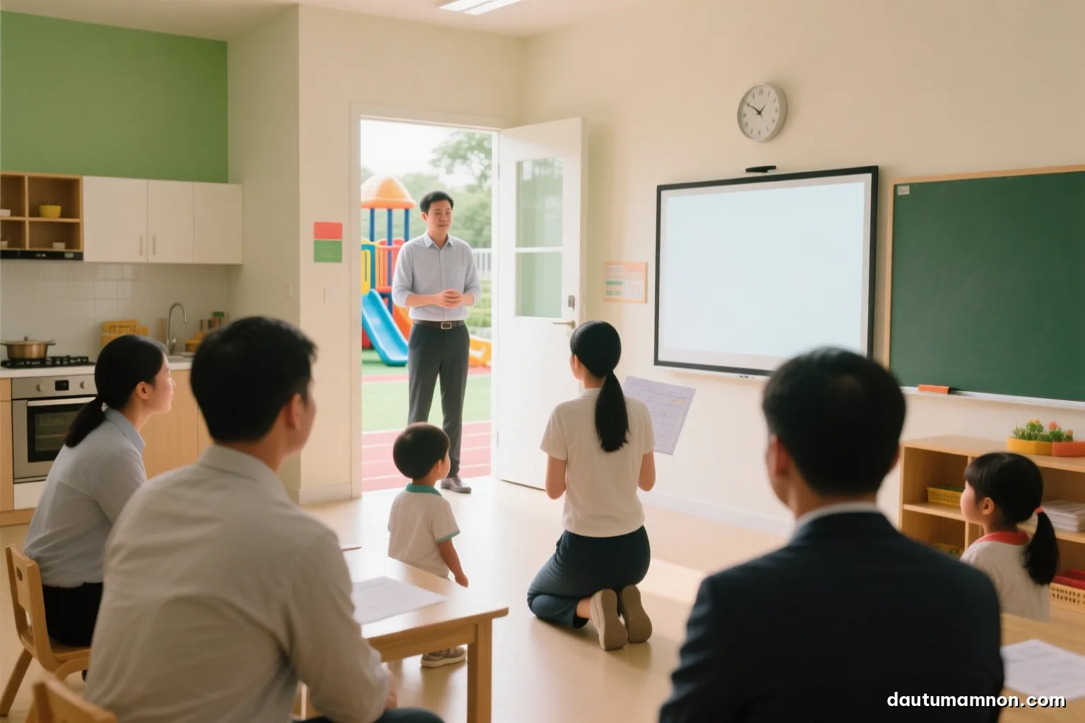 Young Vietnamese woman seen from behind kneeling at child height in a bright preschool classroom during a trial lesson, a manager observing quietly from the doorway, soft morning light