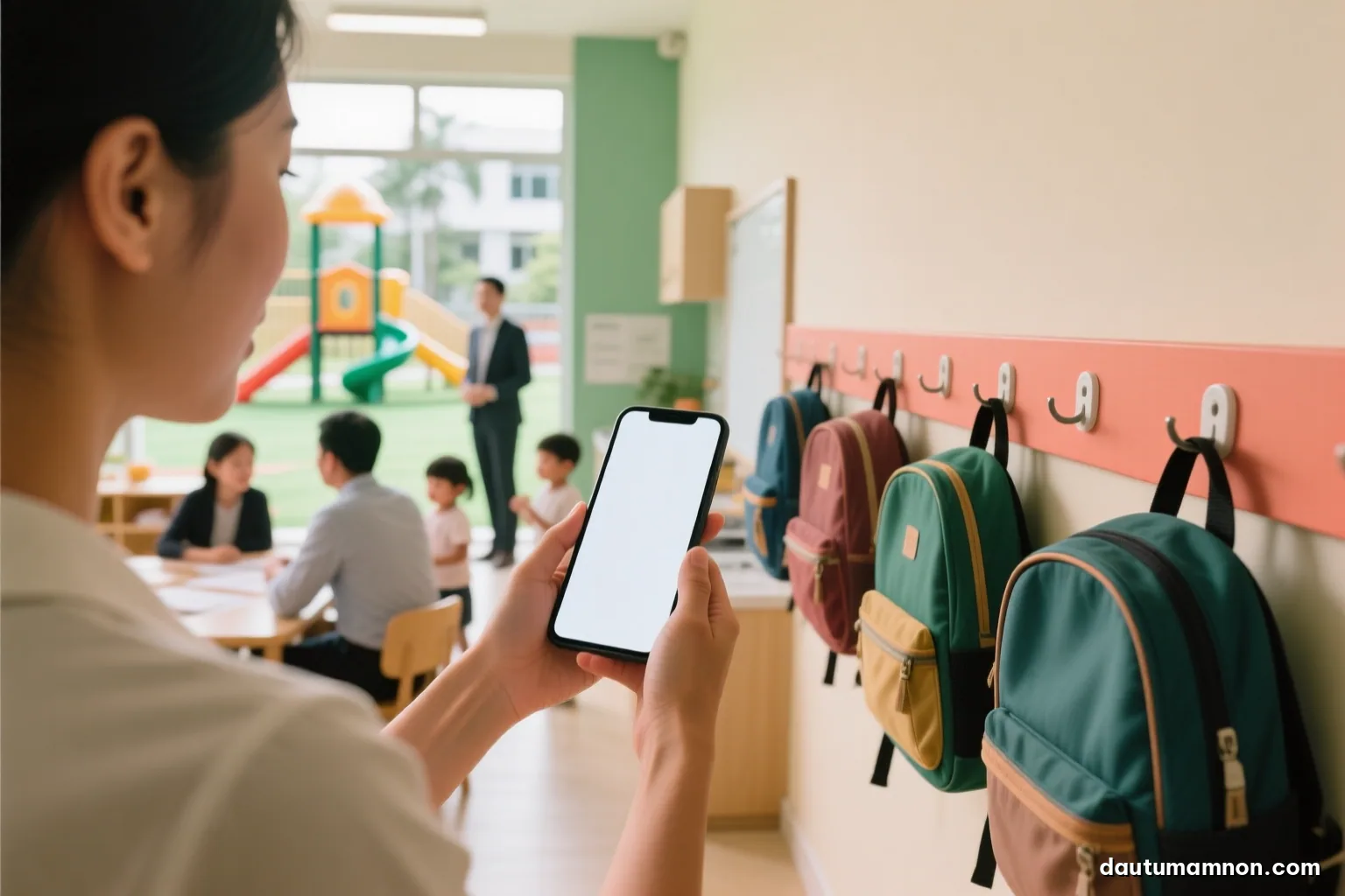 Close view of a Vietnamese teacher hands holding a smartphone with a blank display beside a row of tiny backpacks on hooks, soft afternoon light, shallow depth of field